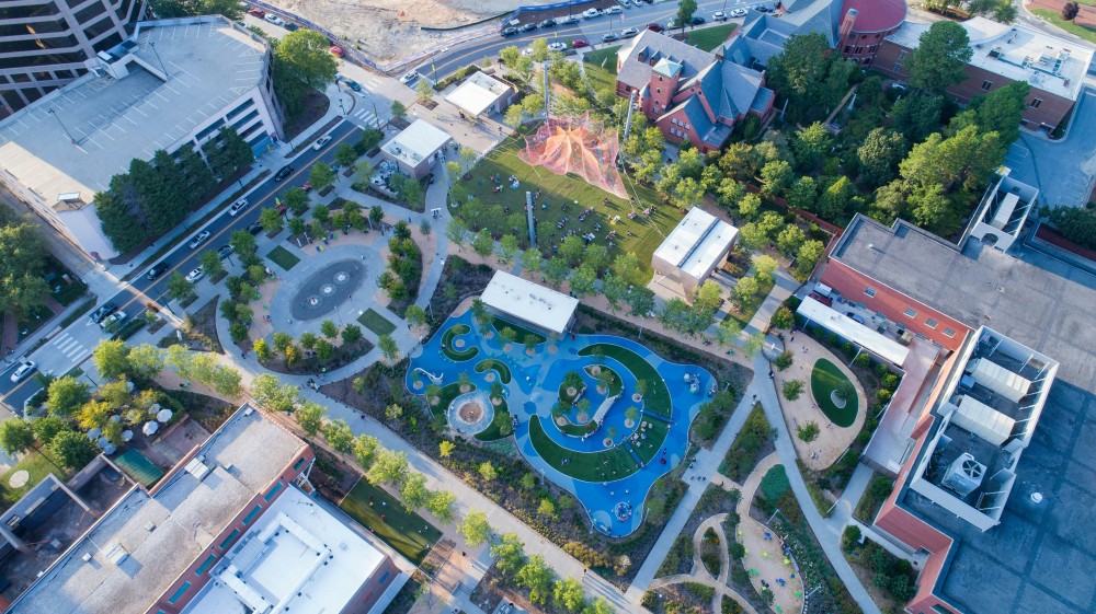 bird's eye view of Greensboro's LeBauer Park