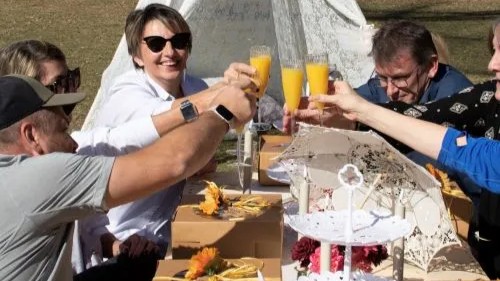 A group of people toasting outdoors