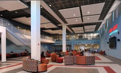 the interior of an architecturally interesting building