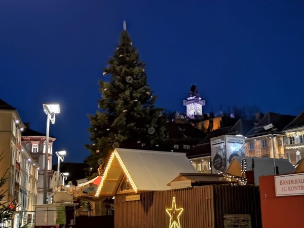 European village decorated with Christmas lights