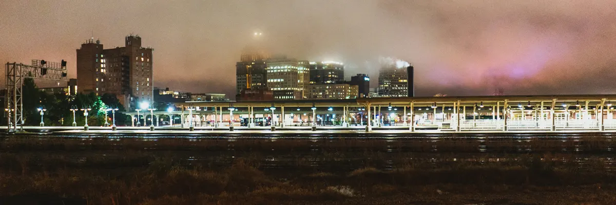 Greensboro, NC skyline in the fog