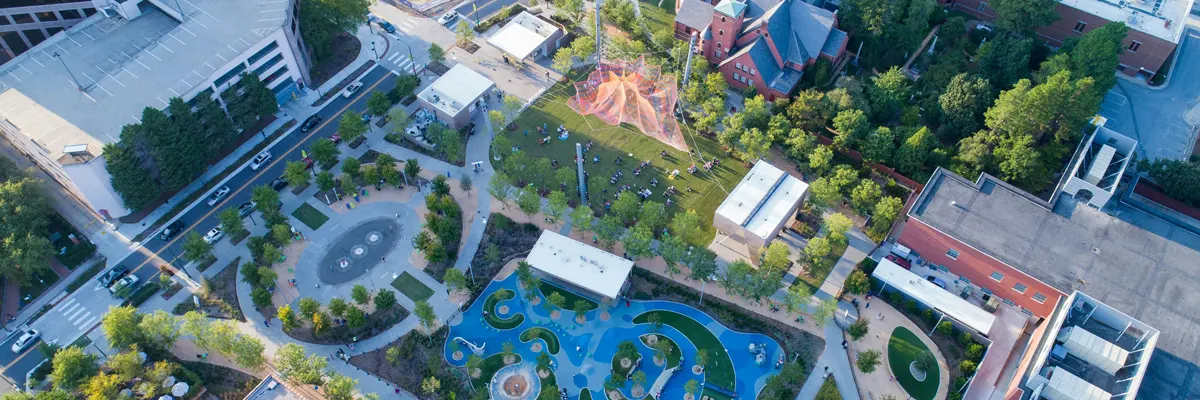 bird's eye view of a modern city park in Greensboro, NC